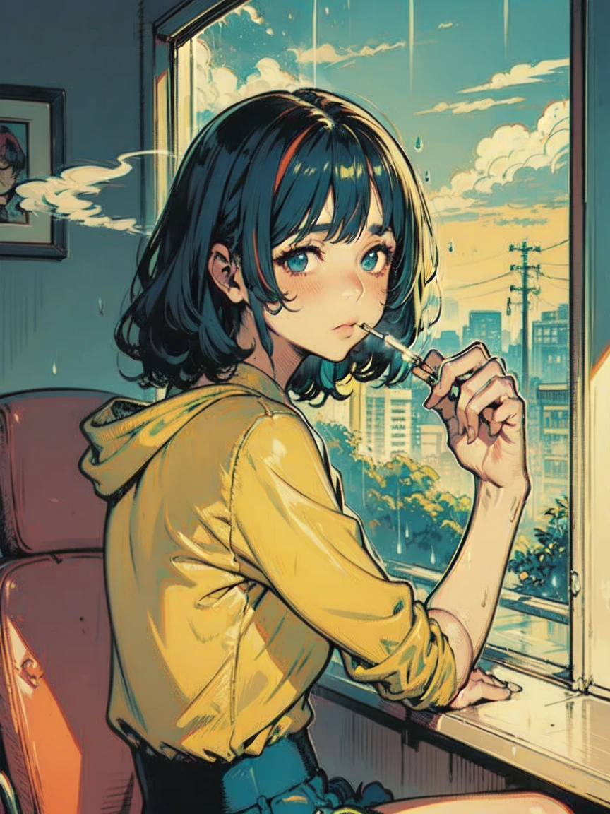 from side, upper body,  1 girl,　A melancholic look、 Beautiful Face, Multicolored Hair,  short wavy hair ,　 smoking、Summer knitwear、 sitting by the window 、Cigarette smoke、Cheek resting on hand、flat color, Line art,  Night City, neon, rain,