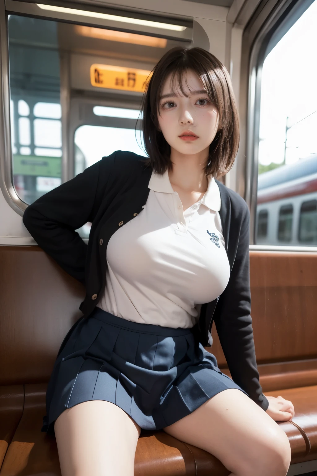 Masterpiece, top-quality, High school girl, sitting in train station with her legs spread wide, (( shot from the bottom of the front)), (From below:1.3), medium bob hair, School uniform, polo shirt, pleated skirt, staring at viewers, Red face, Wet clothes,
(Plump breast:1.3), 