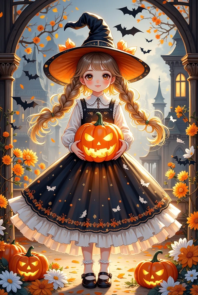 ghost，ghost， The girl in the Halloween scene ,  , hold a pumpkin tightly ，Both hands ,   Dancing and feathers dropped by bats . Wearing a wizard hat , ， Image details are enhanced  ,  Full of details  ,   Glowing and glowing effects  , ，Resolution up to 8K 