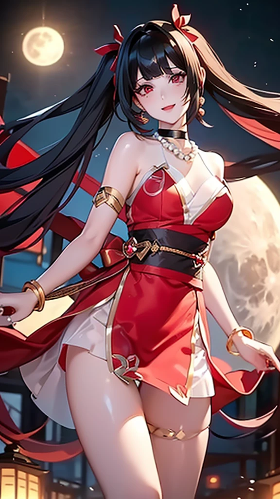 A masterpiece of the highest order, ultra high precision, ultra high image quality, 8K quality, realistic anime style, a woman, a perfect woman with the best anatomical and ergonomic face and body, well-proportioned face and body, (((shiny Black Hair))), (((Twin tails, bangs bangs))), slim face, ((narrow Red eyes)), ((deep glossy and shining eyes)), (((highlights on eyes))), very long eyelashes, thin red lips, a tall and slender body, very large breasts, tight waist, large hips, white skin, moist and lustrous skin, (((See-through Red dress with a bold and sexy design))), (((large pearl necklace, large earrings, Corsages, bangles, rings))), ((beautiful smile)), mysterious atmosphere, great presence, ((upper body, beautiful standing pose)), ((The background is the Full moon night))
