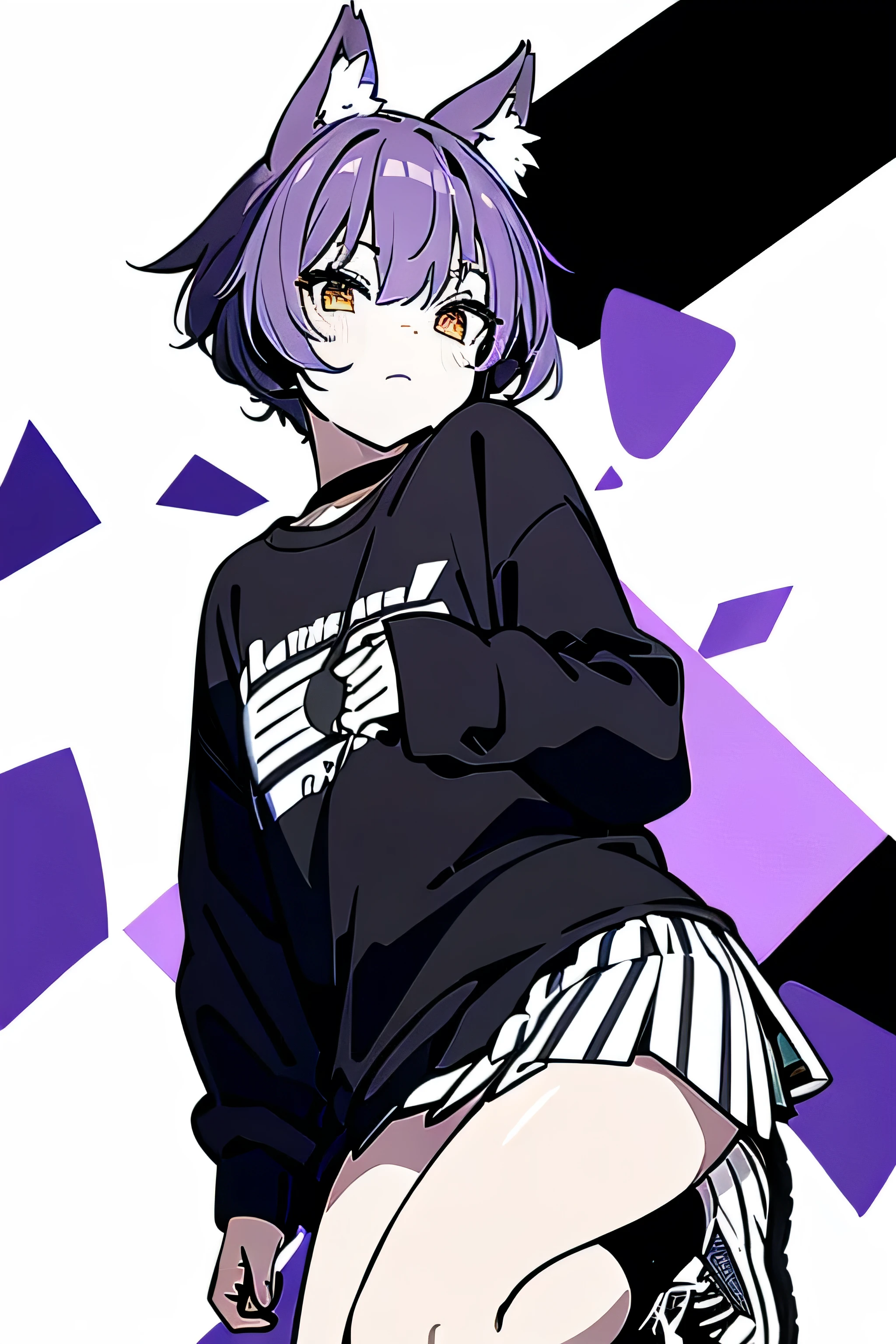 chica alta,  with short purple hair wolf style ,  black sweater with white stripes on the chest, white skin, with skirt, converse and anime style sneakers 