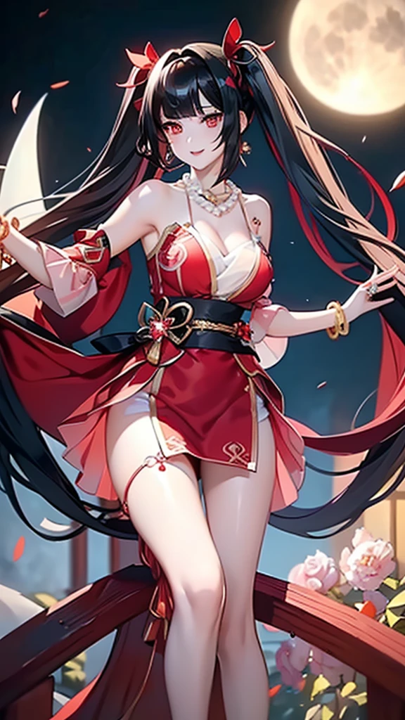 A masterpiece of the highest order, ultra high precision, ultra high image quality, 8K quality, realistic anime style, a woman, a perfect woman with the best anatomical and ergonomic face and body, well-proportioned face and body, (((shiny Black Hair))), (((Twin tails, bangs bangs))), slim face, ((narrow Red eyes)), ((deep glossy and shining eyes)), (((highlights on eyes))), very long eyelashes, thin red lips, a tall and slender body, very large breasts, tight waist, large hips, white skin, moist and lustrous skin, (((See-through Red dress with a bold and sexy design))), (((large pearl necklace, large earrings, Corsages, bangles, rings))), ((beautiful smile)), mysterious atmosphere, great presence, ((upper body, beautiful standing pose)), ((The background is the Full moon night))
