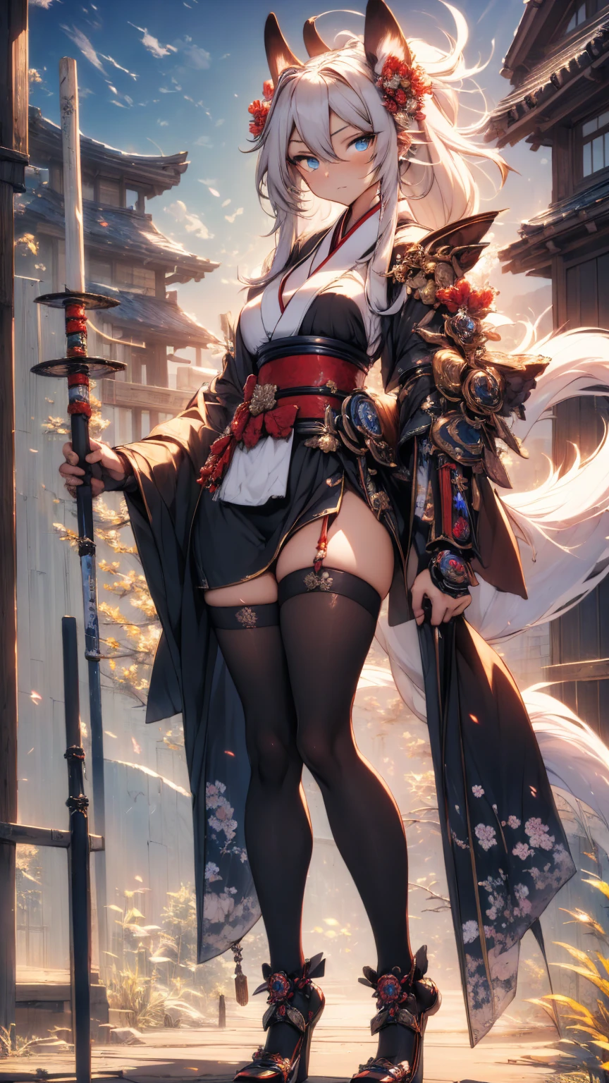 (( masterpiece ,  The best quality)), (anthropomorphic kitsune )) Onna Bugeisha high definition,  full body  