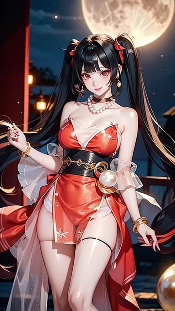 A masterpiece of the highest order, ultra high precision, ultra high image quality, 8K quality, realistic anime style, a woman, a perfect woman with the best anatomical and ergonomic face and body, well-proportioned face and body, (((shiny Black Hair))), (((Twin tails, bangs bangs))), slim face, ((narrow Red eyes)), ((deep glossy and shining eyes)), (((highlights on eyes))), very long eyelashes, thin red lips, a tall and slender body, very large breasts, tight waist, large hips, white skin, moist and lustrous skin, (((See-through Red dress with a bold and sexy design))), (((large pearl necklace, large earrings, Corsages, bangles, rings))), ((beautiful smile)), mysterious atmosphere, great presence, ((upper body, beautiful standing pose)), ((The background is the Full moon night))
