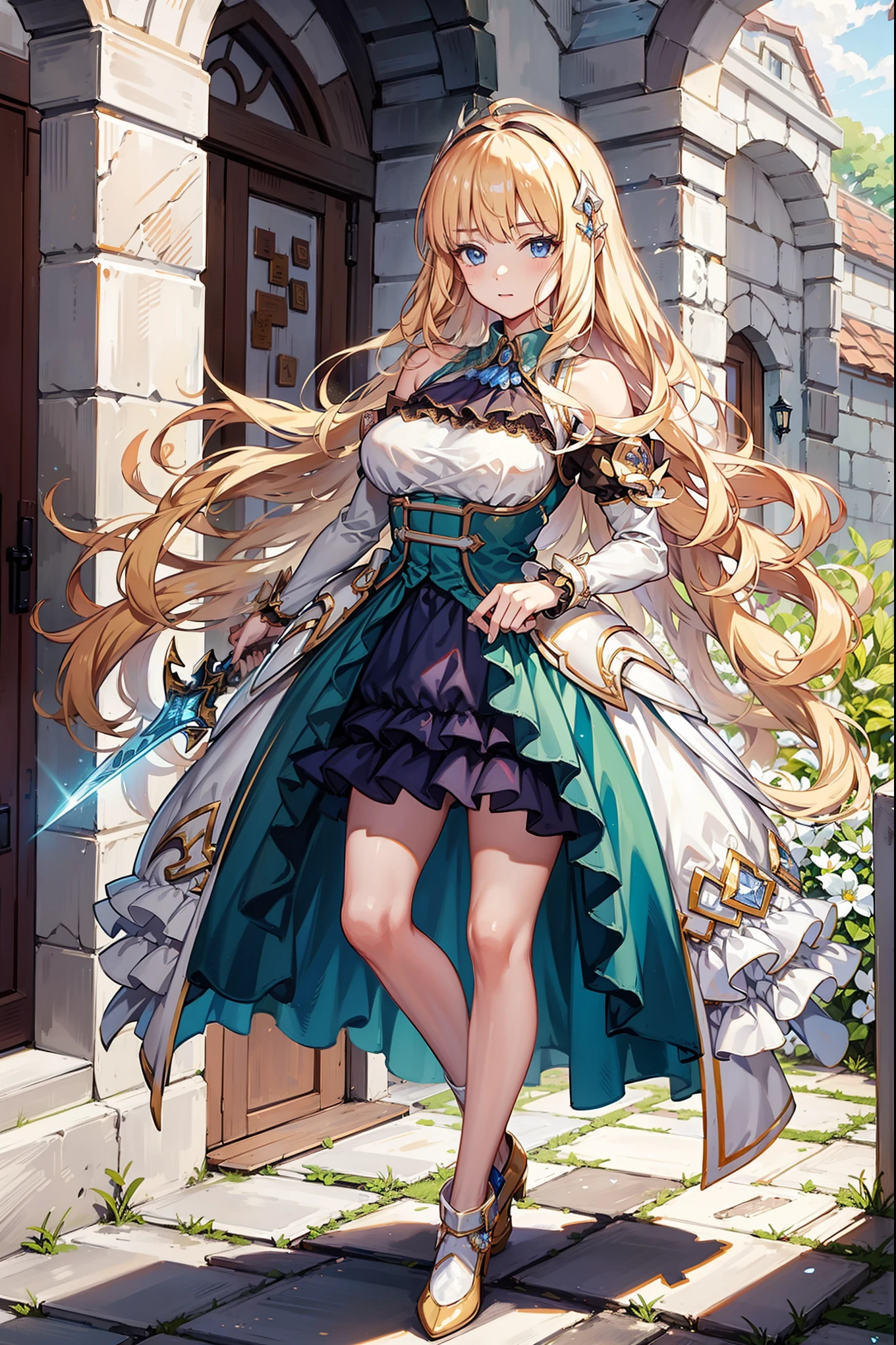 Become a，Fantasy Princess，obsessed， plump chest ，in love，sacred，( and a white princess dress:1.3)，Blonde hair and blue eyes，Blue Eyes，Great Sword，Holy Sword，Super super details，Ruffles，Lots of Lace，(Stripes on clothes:1.2)，(Dress nicely:1.1)，(Layered Skirt),Transparent clothing，Beautiful and delicate face， movie lighting，night，The only person，Lace,(shine:1.2), ( best quality), (masterpiece:1.2),shine宝石, Gentle, Gentle, Charm，In the restaurant，gourmet food，goddess, ,, Gentle, group，SFW skirt，