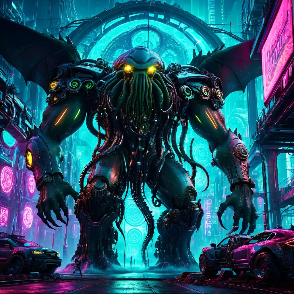 Cthulhu creature in futuristic cyberpunk world, chrome mechanical design, intricate gears and machinery, glowing neon lights, dystopian city landscape, cinematic dramatic lighting, photorealistic, 8k, hyper detailed, masterpiece