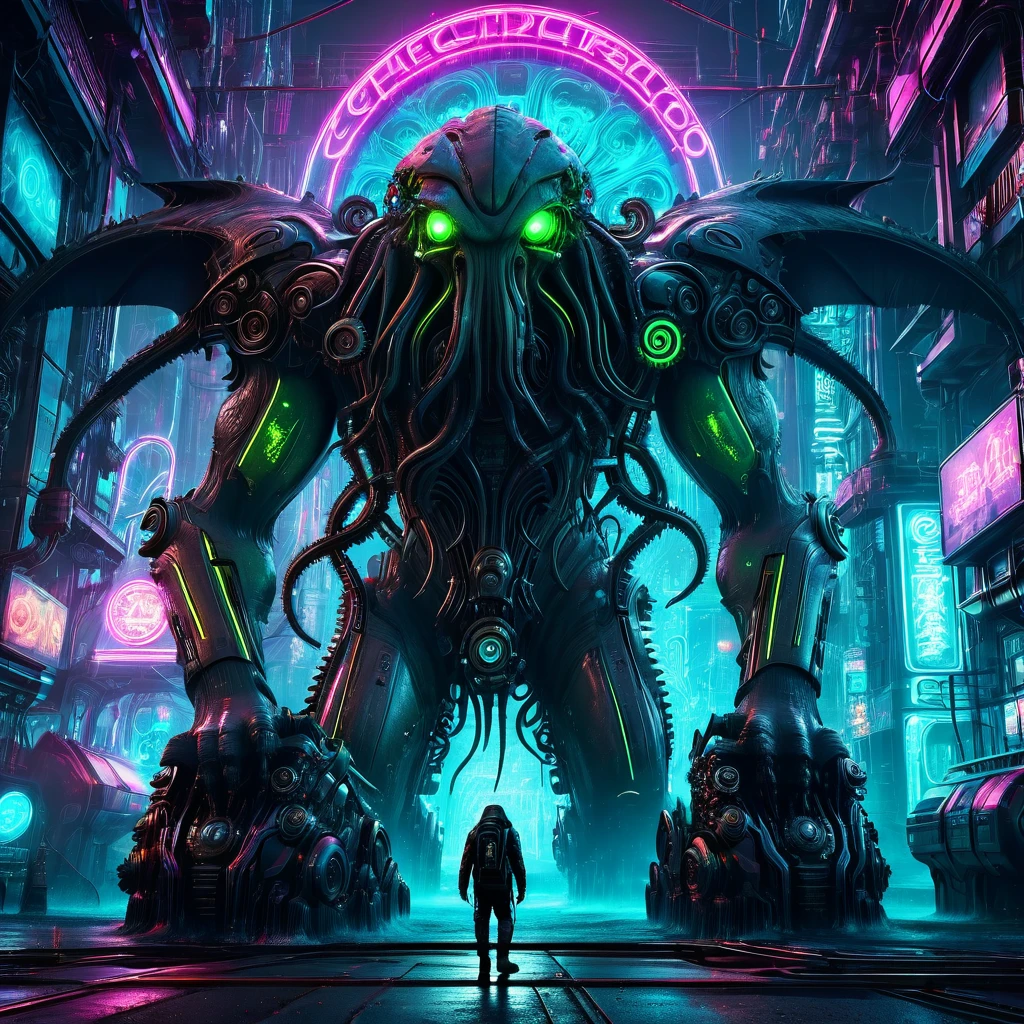 Cthulhu creature in futuristic cyberpunk world, chrome mechanical design, intricate gears and machinery, glowing neon lights, dystopian city landscape, cinematic dramatic lighting, photorealistic, 8k, hyper detailed, masterpiece