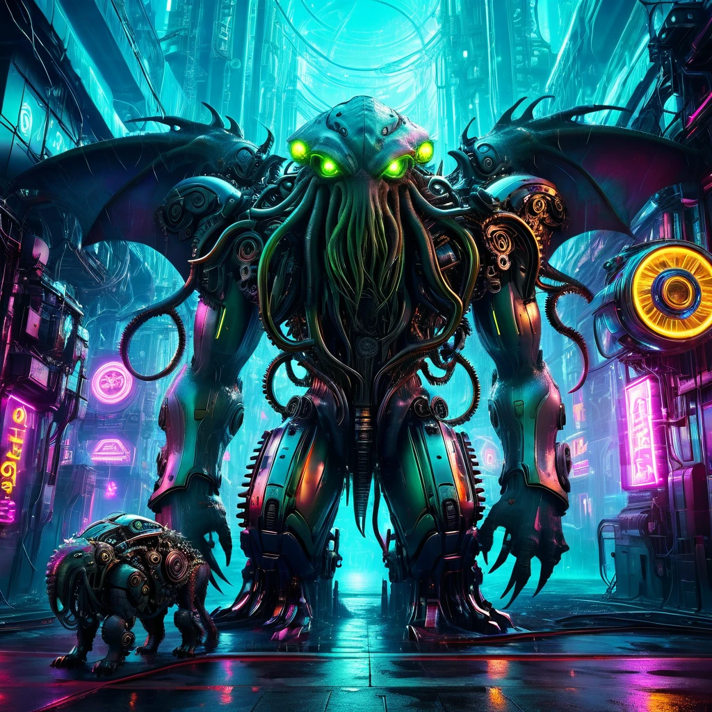 Cthulhu creature in futuristic cyberpunk world, chrome mechanical design, intricate gears and machinery, glowing neon lights, dystopian city landscape, cinematic dramatic lighting, photorealistic, 8k, hyper detailed, masterpiece