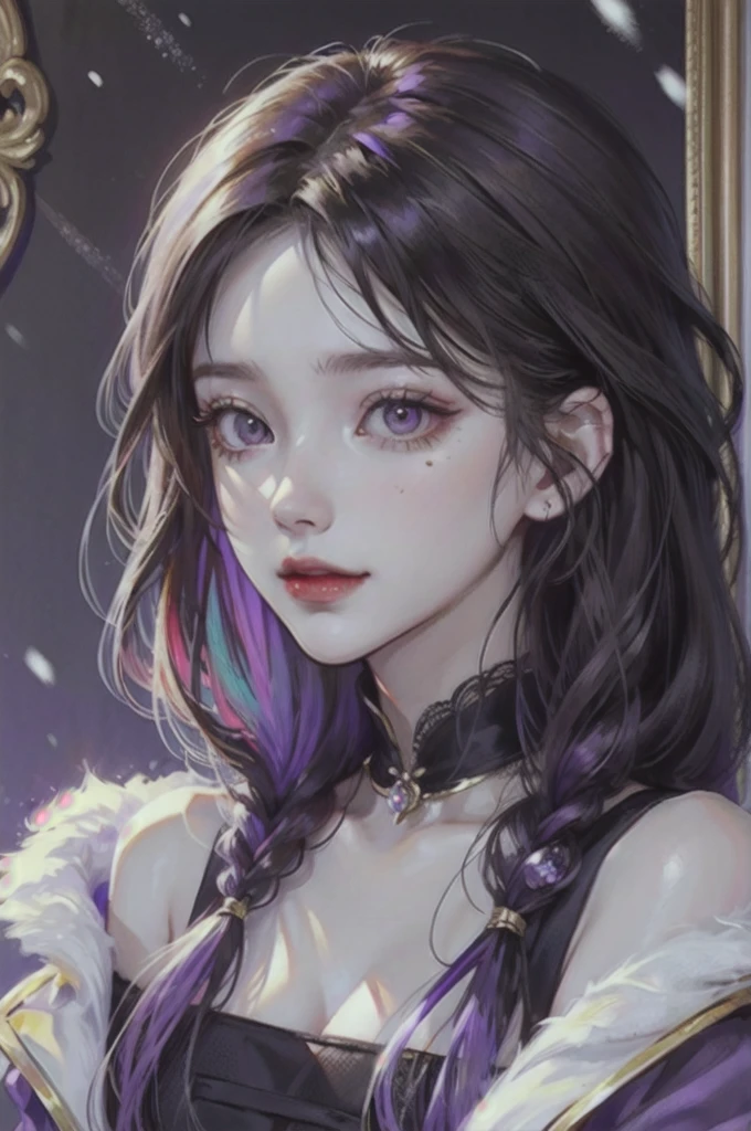 I'd like a headshot portrait of a Noble girl, around 21 years old, with ((snow-like white wavy hair: 1.2)), ((violet amethyst doe eyes: 1.2)), and ((porcelain skin: 1.0)). , cute and delicate appearance with an elegance on it. The portrait should be in a semi-realistic style, resembling an oil painting. She should have a gentle smile and posting and looking full frontal. The portrait should be framed in an ornate, gold-colored wooden frame with intricate carvings. The frame is rectangular. It should be in a manhwa historical romance fashion.