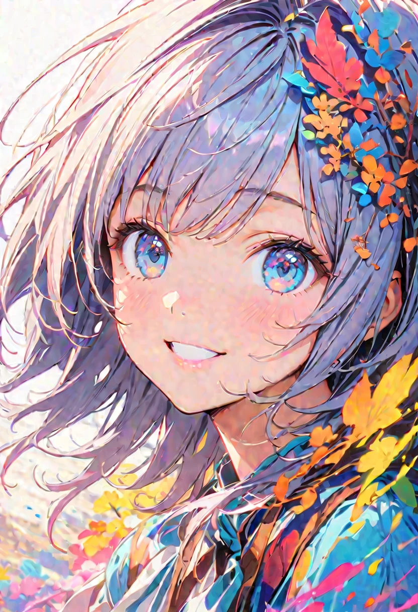 (masterpiece, Highest quality, Official Art:1.2), (colorful), Perfect Anatomy, Looking at the audience,One Girl, alone, White Background, floating colorful water, Ultra-fine illustrations, Highly Details, Dynamic Angle, Beautiful detailed, 8K, 壊す smiling amidst the colorful scenes, (High resolution), Anime Style, (Fractal Art:1.1), pastel colour