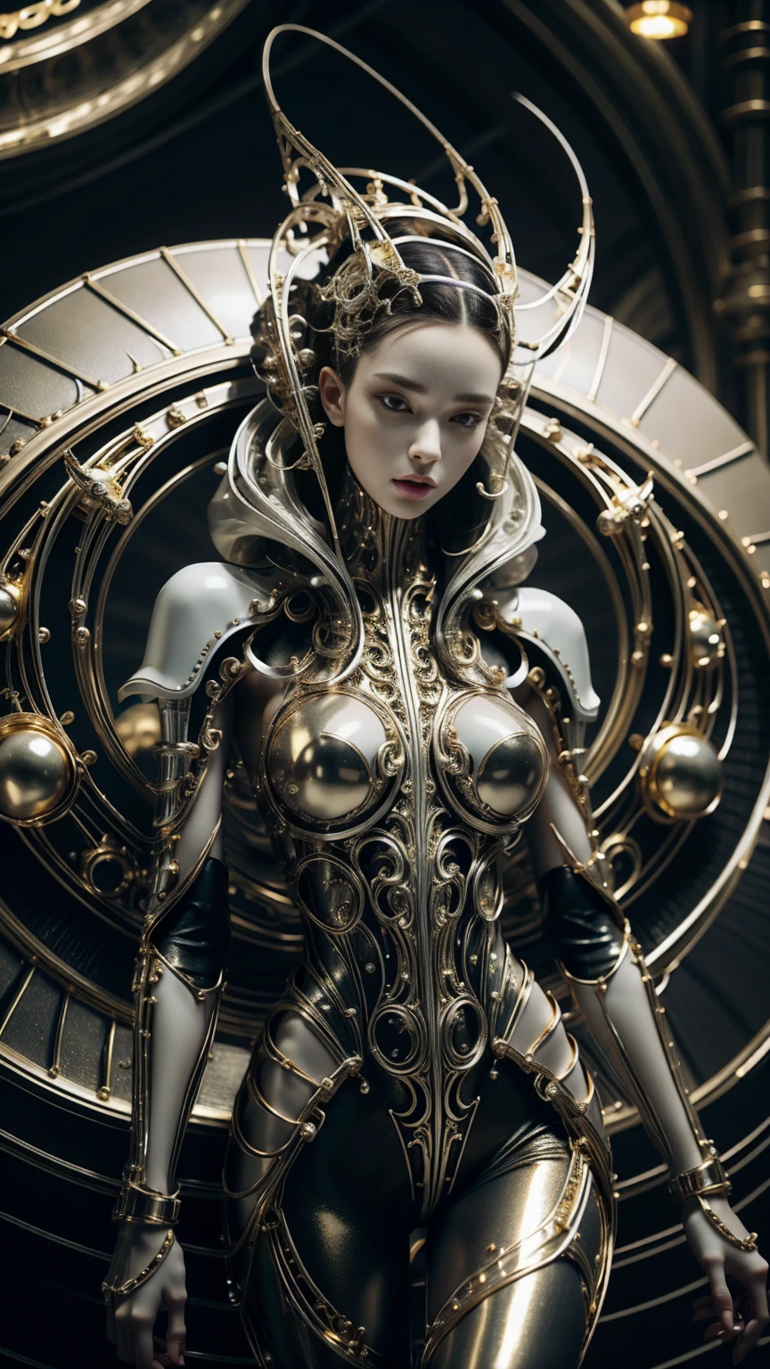 girl with futuristic mechanical armor in black and with gold metallic details,  body image of legs upwards ,  legs spread wide,  very thick vagina showing ,  thick and muscular legs and arms ,  big breasts ,  semi-mechanical semi-human design , Korean girl's face , spectacular bottom angle,  cinematographic lighting,  intricate and highly detailed mechanical details .,  sharp focus,   photorealistic hoodie  , 8K,  masterpiece ,  Very detailed and well-defined face .,