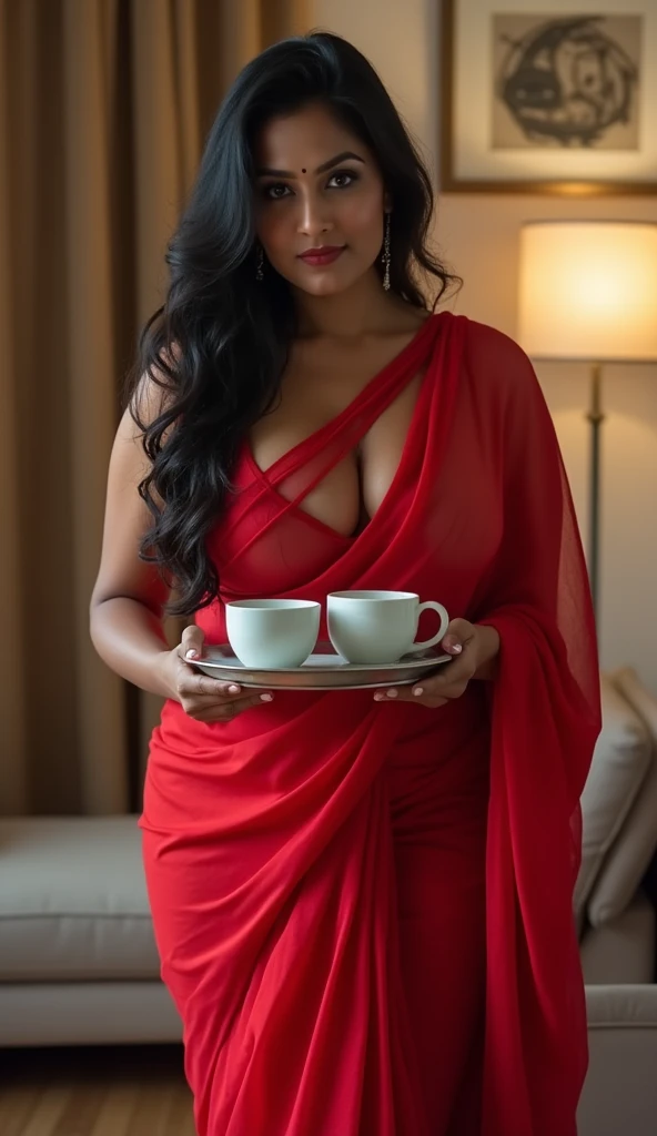 a portrait of indian princess with a cup of tea at a tea party, colorful party, realistic, beautiful, sexy