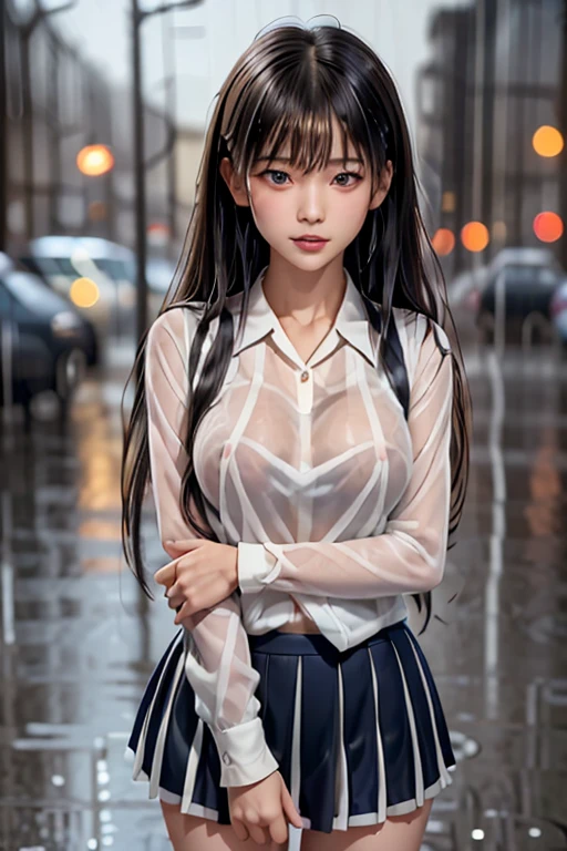 ((Top Quality, 8K, Masterpiece: 1.3)), Sharp: 1.2, Perfect Body Beauty: 1.4, Slim Abs: 1.2, ((Layered Hairstyle, Small: 1.2)), 1 person, (Wet White Button Long Shirt: 1.1), Buttons Not Staying, Skirt, Slender Thighs, Braided Boots, Soft Transparent Cloth, (Rain, Street: 1.2), Wet: 1.5, highly detailed face and skin texture, detailed eyes, double eyelids, side view camera, no underwear