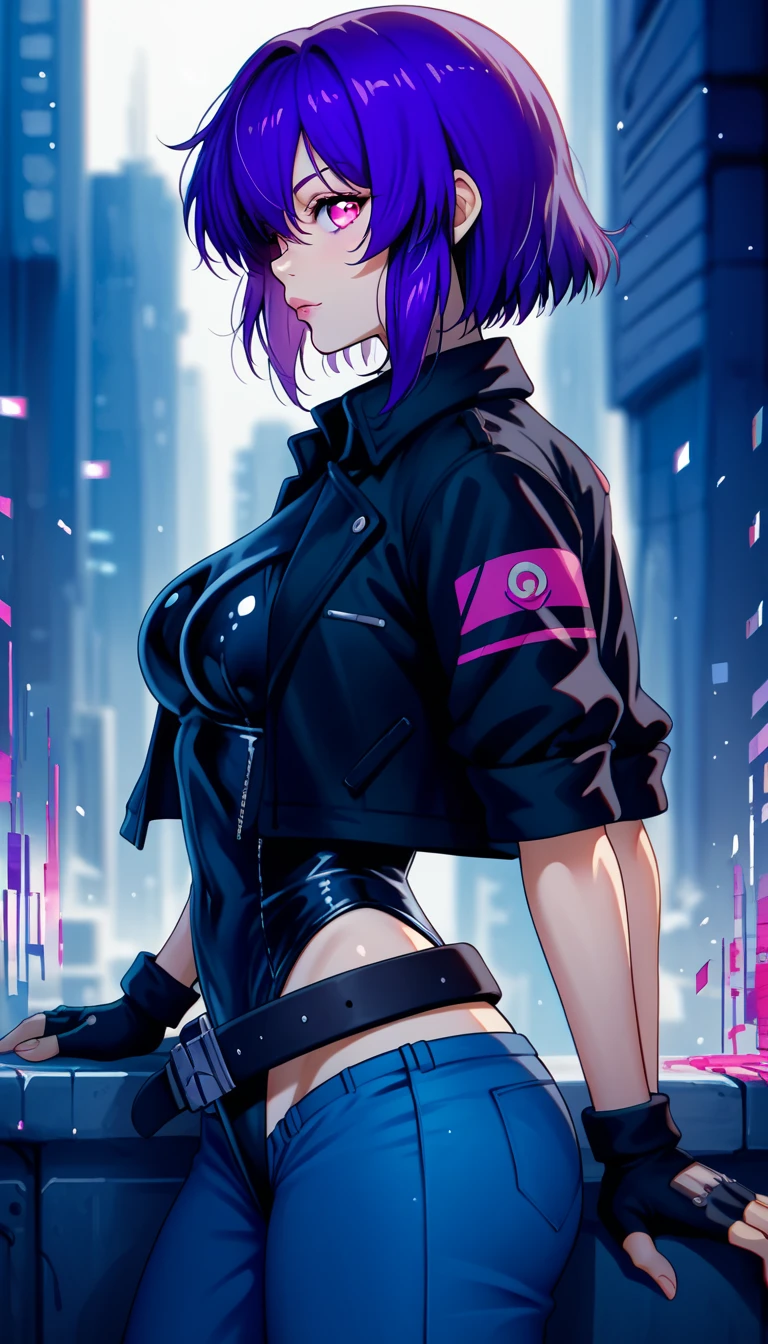 (zPDXL2), (PonyXLV6_Scores), source_anime, source_anthro, source_furry, Expressiveh, three-quarter portrait, asymmetric image, BREAK
dan98,
chromatic aberration, glitch,
portrait of motoko, purple hair, short hair, lips, cyborg, pink eyes, medium breasts, cropped jacket, black jacket, collared jacket, short sleeves, fingerless gloves, black gloves, black leotard, 
looking at viewer,
highleg leotard, hip vent, blue pants, belt, kusanagi motoko, from side,