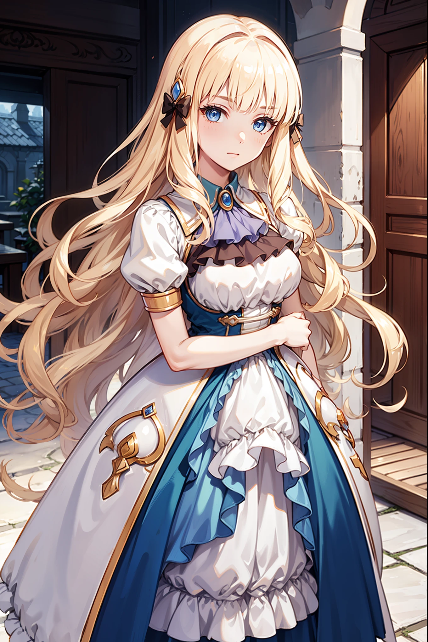 Become a，Fantasy Princess，obsessed， plump chest ，in love，sacred，( and a white princess dress:1.3)，Blonde hair and blue eyes，Blue Eyes，Great Sword，Holy Sword，Super super details，Ruffles，Lots of Lace，(Stripes on clothes:1.2)，(Dress nicely:1.1)，(Layered Skirt),Transparent clothing，Beautiful and delicate face， movie lighting，night，The only person，Lace,(shine:1.2), ( best quality), (masterpiece:1.2),shine宝石, Gentle, Gentle, Charm，In the restaurant，gourmet food，goddess, ,, Gentle, group，SFW skirt，