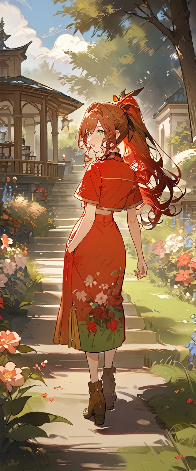 masterpiece, best quality, 8k, 4k, 1girl, aerith gainsborough, brown hair, high middle bang, longer side curly bang, long tight curly ponytail, green eyes, red hair ribbon, red bolero jacket, short sleeve jacket, cropped jacket, black tie choker, long pink straight dress, brown boots, bangles, walking in a garden, flowers, detailed background,, inspired by Asukaziye artist : ask, art style : ask