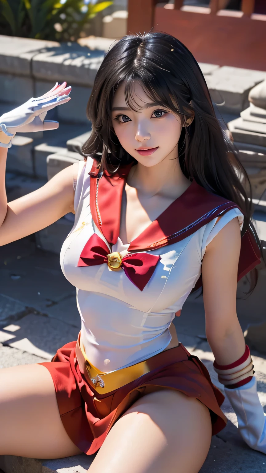 (((Best Quality))), ((masterpiece)), ( Details), ((Alone)), (((((( A girl in a Sailor Mars costume)))))), (((Slender body,:1.4,Large Breasts,Big Ass,Firm and thick thighs))), (( Glowing Skin , white skin)), (( long straight black hair )),Mysterious Light, (((( angle capturing face and whole body )))), ((( well-groomed face ))), ((Big Eyes)), ((((((Droopy eyes)))))), ((((Close your eyes)))), (( at random angles )), ((((Accurate anatomy)))), Spread your legs a little, (Delicate thighs), perfect makeup , eyeshadow, earrings with cups, necklace , ((( dynamic pose where I had sex 900 times))),((( circlet, tiara , Sailor Warrior Uniform, White gloves, red sailor collar , red skirt , red high heels)))