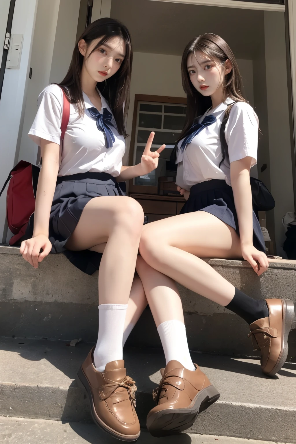 heavy rain, bob hair, looking at viewer, bangs, (Two girls in:1.2), skirt, brown hair, shirt, black hair, short sleeves, brown eyes,  bob hair, Wet white browce, pleated skirt, open legs, shoes, socks, striped, hand up, bag, kneehighs, brown footwear, loafers, school bag, cafe terrace, Sitting, (Plump breast:1.3), 
,sitting with her legs spread wide, (( shot from the bottom of the front)), (From below:1.3), medium bob hair, School uniform, staring at viewers, Red face, 