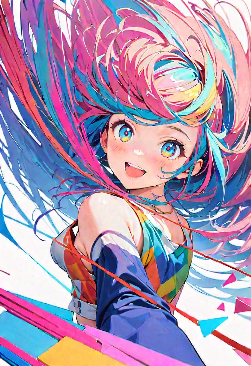 (masterpiece, Highest quality, Official Art:1.2), (colorful), Perfect Anatomy, Looking at the audience,One Girl, alone, White Background, floating colorful water, Ultra-fine illustrations, Highly Details, Dynamic Angle, Beautiful detailed, 8K, 壊す smiling amidst the colorful scenes, (High resolution), Anime Style, (Geometric splatter:1.1), pastel colour