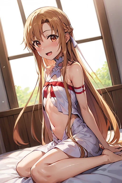 ((Best Quality)), ((masterpiece)), (be familiar with),  perfect face, indoor, bedroom,  watching viewers ,
One woman, Yuuki Asuna,
 open mouth , Ecstatic expression, blush, smile,
Small breasts,  flat chest, , ,  kids, Girl,
Long Hair,  long hair,
Leg spread,