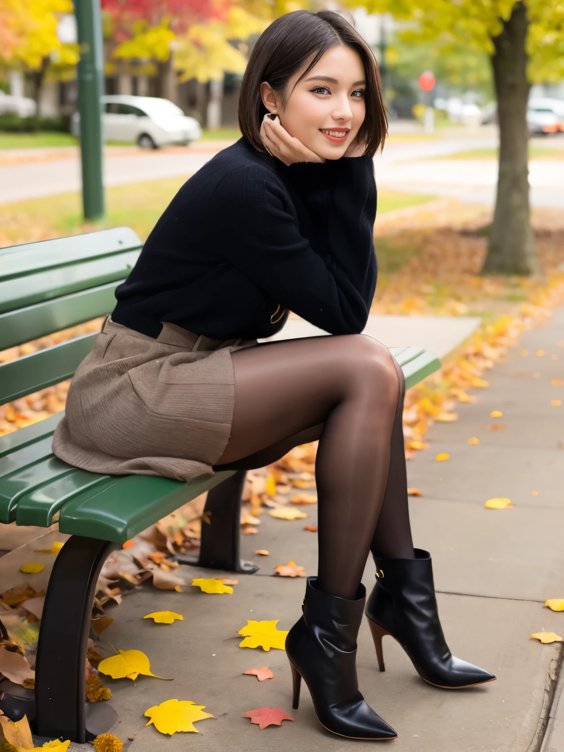  Photo taken by a professional photographer ，Laughter:1.5，Close up shot of a woman sitting on the sidewalk ,  , Short brown hair, My hair is messy， young and pretty girl ,  fall fashion 、Autumn Coordination、Wearing a mini skirt:1.5，Wear stylish boots， Wearing ultra-realistic pantyhose、Sitting on a park bench:1.5， FANCY MAKEUP WITH RED EYESHADOW， beautiful thighs are visible ，thighhighs、