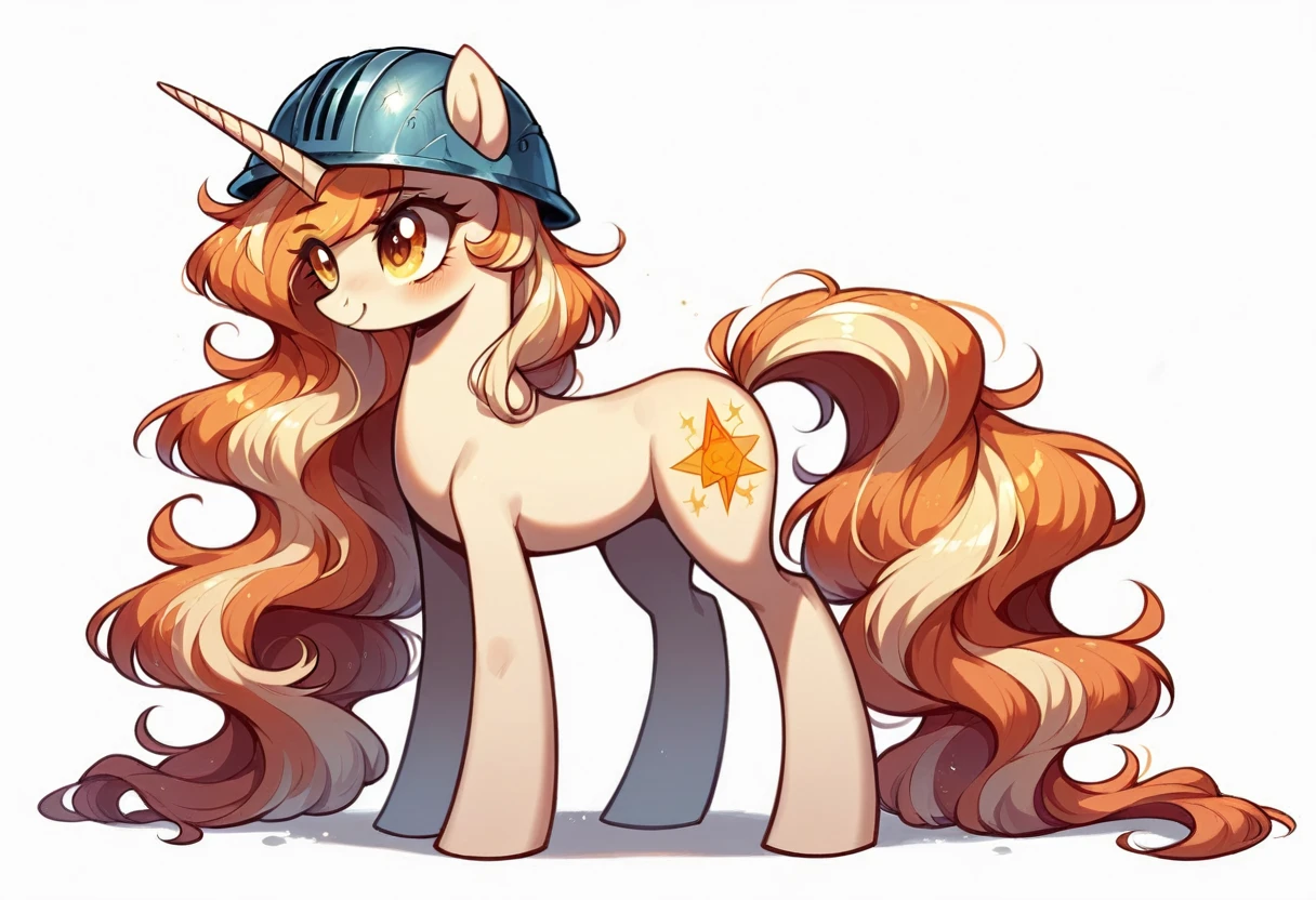 Create a strong 《 My Little Pony 》Role，  adult female unicorn  ， wears a broken helmet ，Very tall ， with long flowing hair  ， The hair is orange at the ends and fades to golden ， Golden pupil ，  The cute symbol is a five-pointed star pattern ， full-body photo ， Pure white background 。