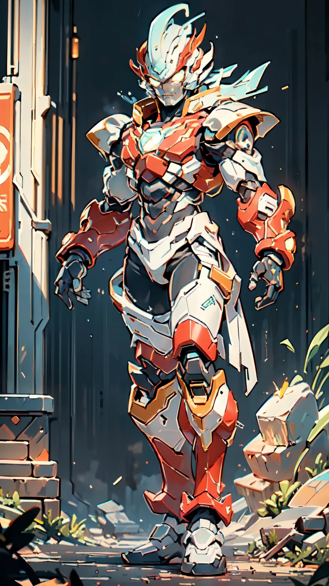 (masterpiece:1.5, best quality:1.5, extremely delicate:1.5), ((male:1.5)), Biomimetic humanoid Mecha, green eyes, fully enclosed shoulder guards, matching arm and leg guards, gemstone, full body, full armor, the design balances heavy with agility, organic biotech armor, (the color scheme is primarily Golden and Red with Yellow and White accents, concept Inspired by Phoenix, glowing eyes, the armor glows), standing, floating high above the futuristic sci-fi city, a finely crafted Super robot in anime style, exquisite and mature art style, metallic, dramatic, high definition, highres, ultra-detailed, ultra-fine painting, professional, anatomically correct, symmetrical face, extremely detailed eyes and face, high quality eyes, creativity, RAW photo, UHD, 32k, Natural light, cinematic lighting, (masterpiece-anatomy-perfect:1.2)
