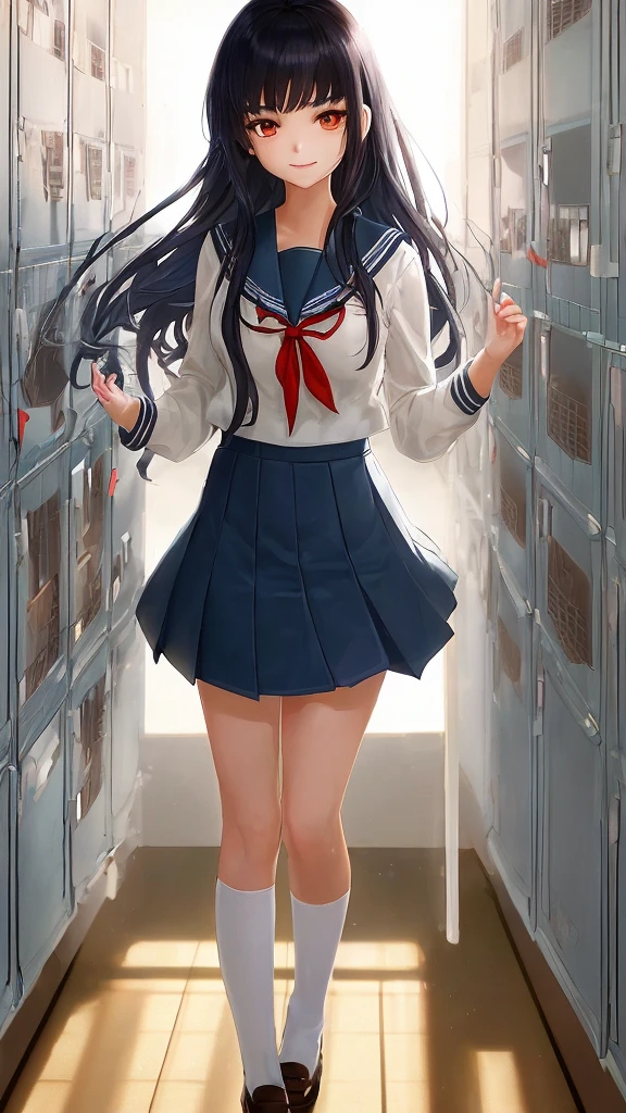 (( best quality)), ((masterpiece)), ( Details), “

A vibrant illustration of a high school girl in a Japanese school uniform, designed as the main character of a light novel. She has shoulder-length, slightly wavy black hair with bangs, expressive big eyes, and a warm, determined smile. She wears a classic sailor-style uniform with a blue and white color scheme and a red ribbon. She stands in a bright school hallway with sunlight streaming through large windows, casting soft shadows. Her hand is slightly extended, as if about to start an adventure or reach out to a friend. The background has subtle details of lockers and posters, giving a sense of daily school life. The overall atmosphere is warm and hopeful, evoking a sense of excitement and youth.


 full size　9：16 full body　Vision、