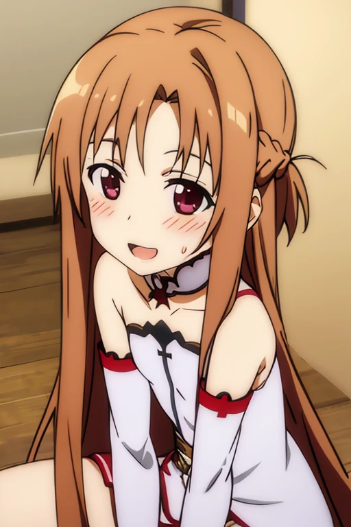 ((Best Quality)), ((masterpiece)), (be familiar with),  perfect face, indoor, bedroom,  watching viewers ,
One woman, Yuuki Asuna,
 open mouth , Ecstatic expression, blush, smile,
Small breasts,  flat chest, , ,  kids, Girl,
Long Hair,  long hair,
Leg spread,