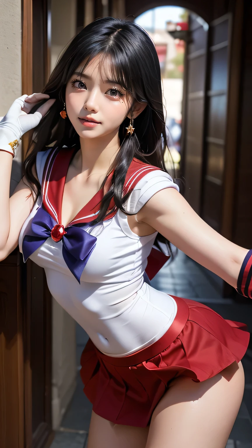 (((Best Quality))), ((masterpiece)), ( Details), ((Alone)), (((((( A girl in a Sailor Mars costume)))))), (((Slender body,:1.4,Large Breasts,Big Ass,Firm and thick thighs))), (( Camel Toe ,Camel hoof)),(( Glowing Skin , white skin)), (( long straight black hair )),Mysterious Light, (((( angle capturing face and whole body )))), ((( well-groomed face ))), ((Big Eyes)), ((((((Droopy eyes)))))), ((((Close your eyes)))), (( at random angles )), ((((Accurate anatomy)))), perfect makeup , eyeshadow, earrings with cups, necklace , ((( dynamic pose where I had sex 900 times))),(((sama1, circlet, tiara , Sailor Warrior Uniform, White gloves, red sailor collar , red skirt , red high heels,Purple ribbon))), Rei Hino, (sailor mars, neck ribbon, long hair, circlet, jewelry, crescent earrings),