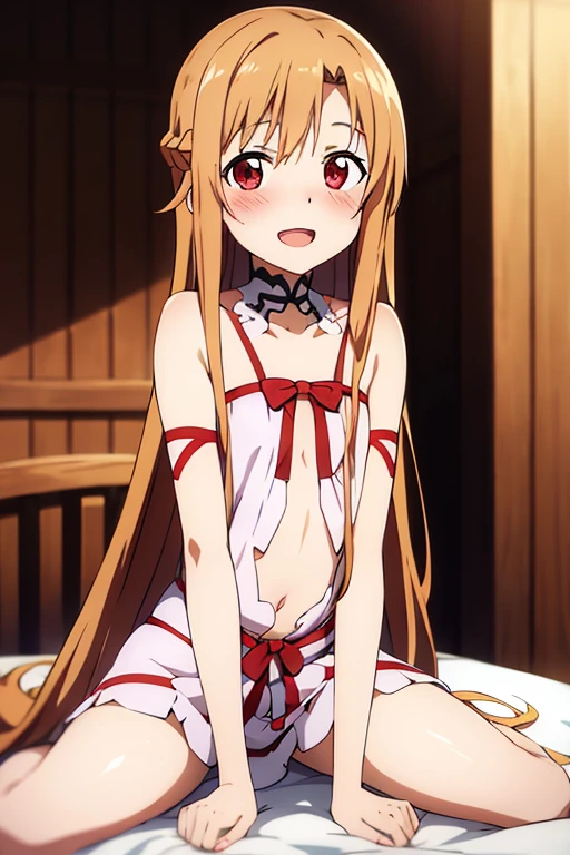 ((Best Quality)), ((masterpiece)), (be familiar with),  perfect face, indoor, bedroom,  watching viewers ,
One woman, Yuuki Asuna,
 open mouth , Ecstatic expression, blush, smile,
Small breasts,  flat chest, , ,  kids, Girl,
Long Hair,  long hair,
Leg spread,