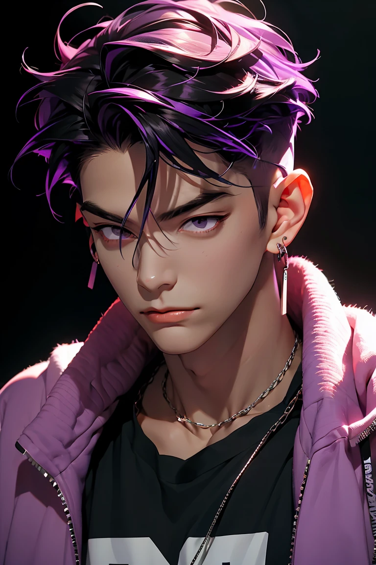 highest quality, 8K, high resolution image, anime style Jujutsu Kaisen, (Iori_suiseki), detailed strokes, bored look , blurred, purple light reflecting from it, 1 man, young, male, model, hand in pocket, cool guy, multicolored Background with various geometric shapes, around stickers, muscular,Black hair, purple eyes, multicolored hair, purple hair, hair between eyes, highlighted hair ,swollen chest,  shirt, sweatpants, Background: big City, he's in a sports station, there are sports fans everywhere,