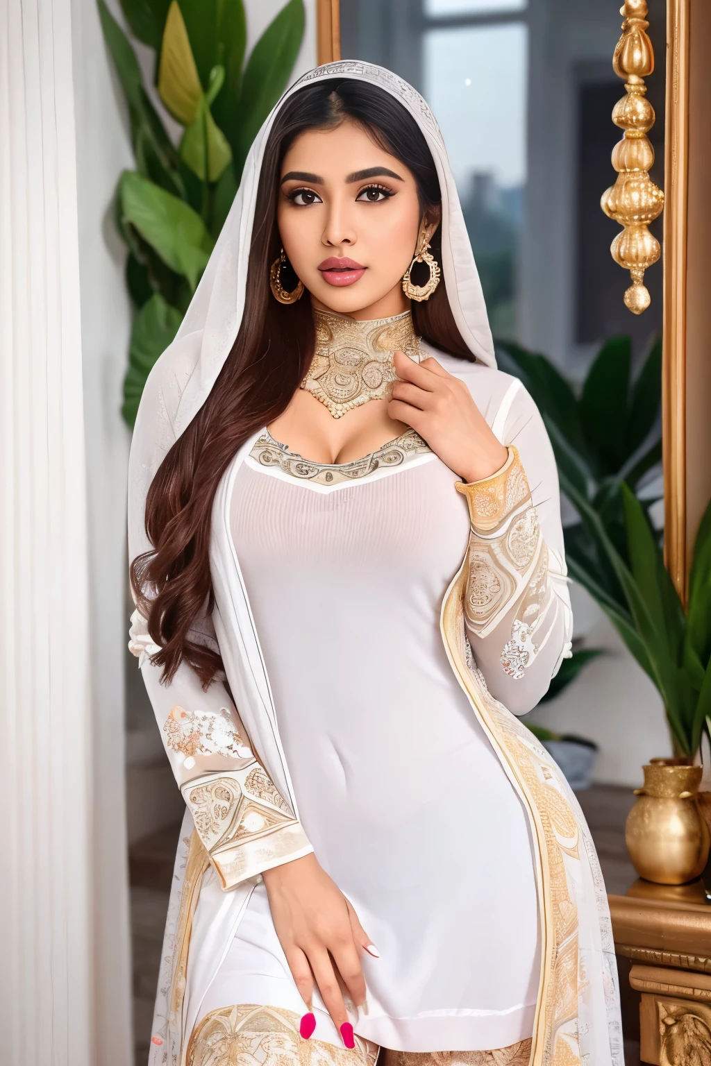 Pakistani hot ladki Yasmeen Khan 31 Sal Umra Badi Chhati Bade chuche Gajab Ka finger Khubsurat (best quality,4k,8k photography, woman, portrait of woman hijab wearing kebaya_bali in white long kebaya dress traditional, red lipstick, golden necklace, earrings, ornate, detail, flowers, blurry background, soft focus