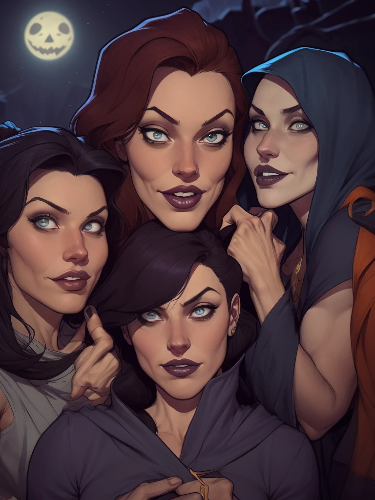 a close up of a group of women in witchs costumes, witchs, witch, o conselho de witchs assustadoras, estilo de arte de halloween,  Scary woman, but fascinating , adam hughes,  zenescope , atmosfera de halloween, conto de fadas de witch,  Lois van Ross draws ,  in the Artgerm style , witch academia, artgerm grego rutkowski _ Grego