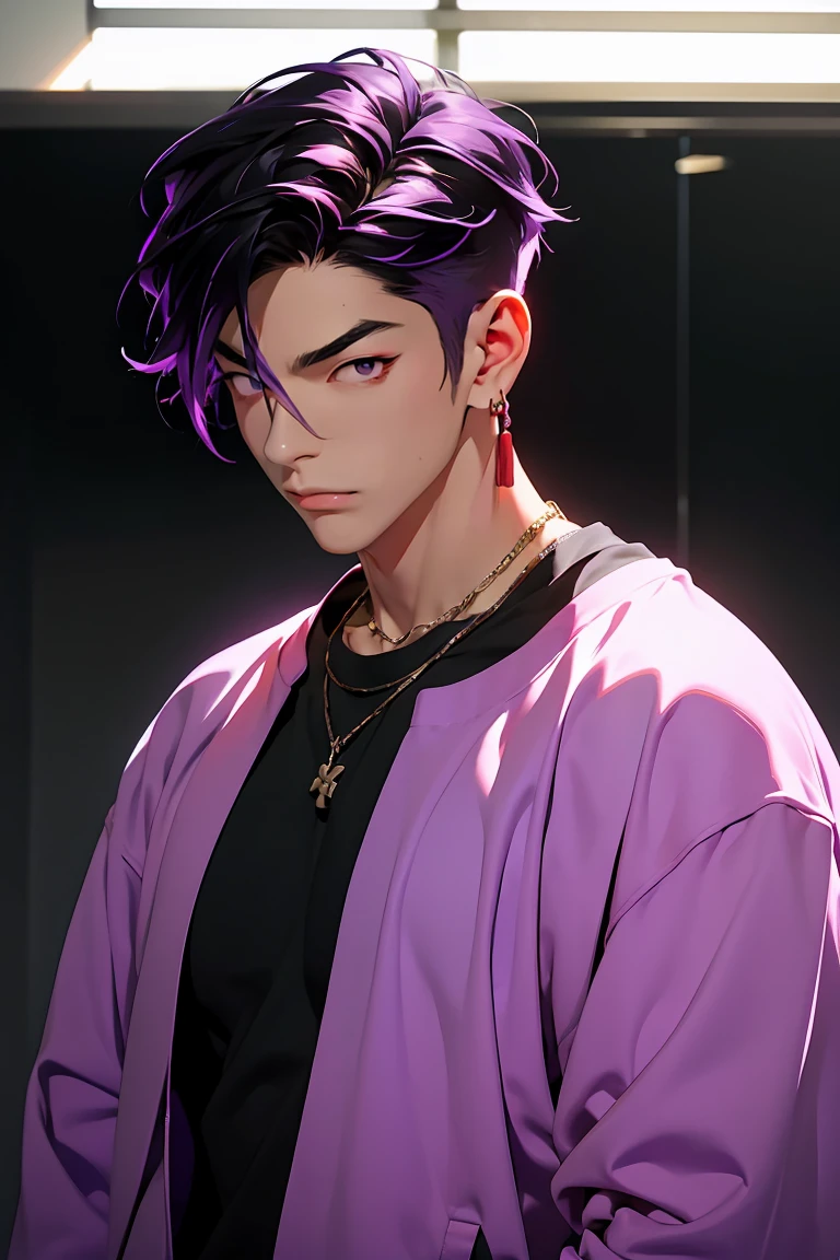 highest quality, 8K, high resolution image, anime style Jujutsu Kaisen, (Iori_suiseki), detailed strokes, bored look , blurred, purple light reflecting from it, 1 man, young, male, model, hand in pocket, cool guy, multicolored Background with various geometric shapes, around stickers, muscular,Black hair, purple eyes, multicolored hair, purple hair, hair between eyes, highlighted hair ,swollen chest,  shirt, sweatpants, Background: big City, he's in a sports station, there are sports fans everywhere,