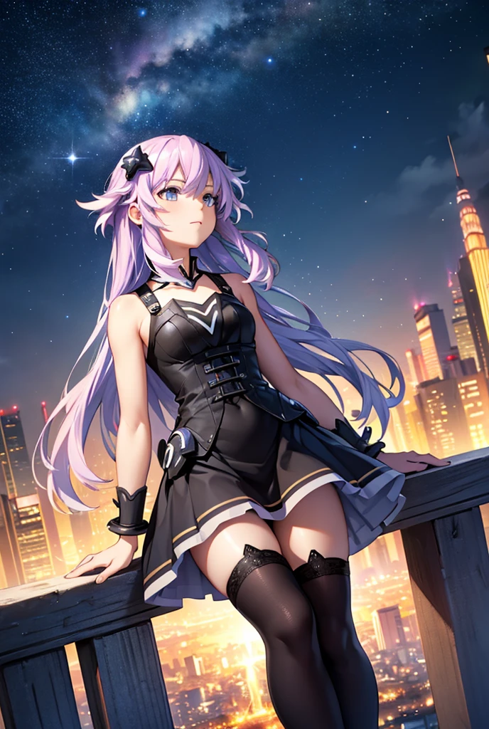 alta resolución,  masterpiece ,  The best quality, necessary, HD model,  tall details ,  high quality,  very detailed ,  Textured skin, UHD, Night city with sky full of stars with many colors,  looking up at the sky , you see the whole body, Black clothing and high stockings 