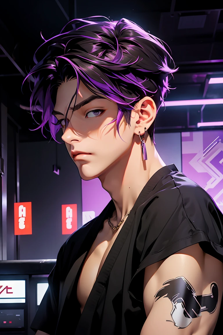 highest quality, 8K, high resolution image, anime style Jujutsu Kaisen, (Iori_suiseki), detailed strokes, bored look , blurred, purple light reflecting from it, 1 man, young, male, model, hand in pocket, cool guy, multicolored Background with various geometric shapes, around stickers, muscular,Black hair, purple eyes, multicolored hair, purple hair, hair between eyes, highlighted hair ,swollen chest,  shirt, sweatpants, Background: big City, he's in a sports station, there are sports fans everywhere,