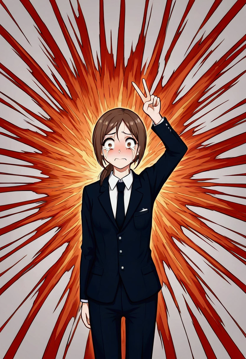 1 Girl, Kobeni,  Small Breasts ,   large male  , White collar shirt ,  Fear, ( black tie ), (Shirt Stains), (dyeing),   are looking for viewers , (Scared:1.2), (Tears:1.1), (Brown eyes), (Peace Sign),Explosion Background, (masterpiece:1.2),  best quality , masterpiece,  high resolution, original,  very detailed wallpaper, ( super detailed), (Best example), ( BEST SHADOW ), 