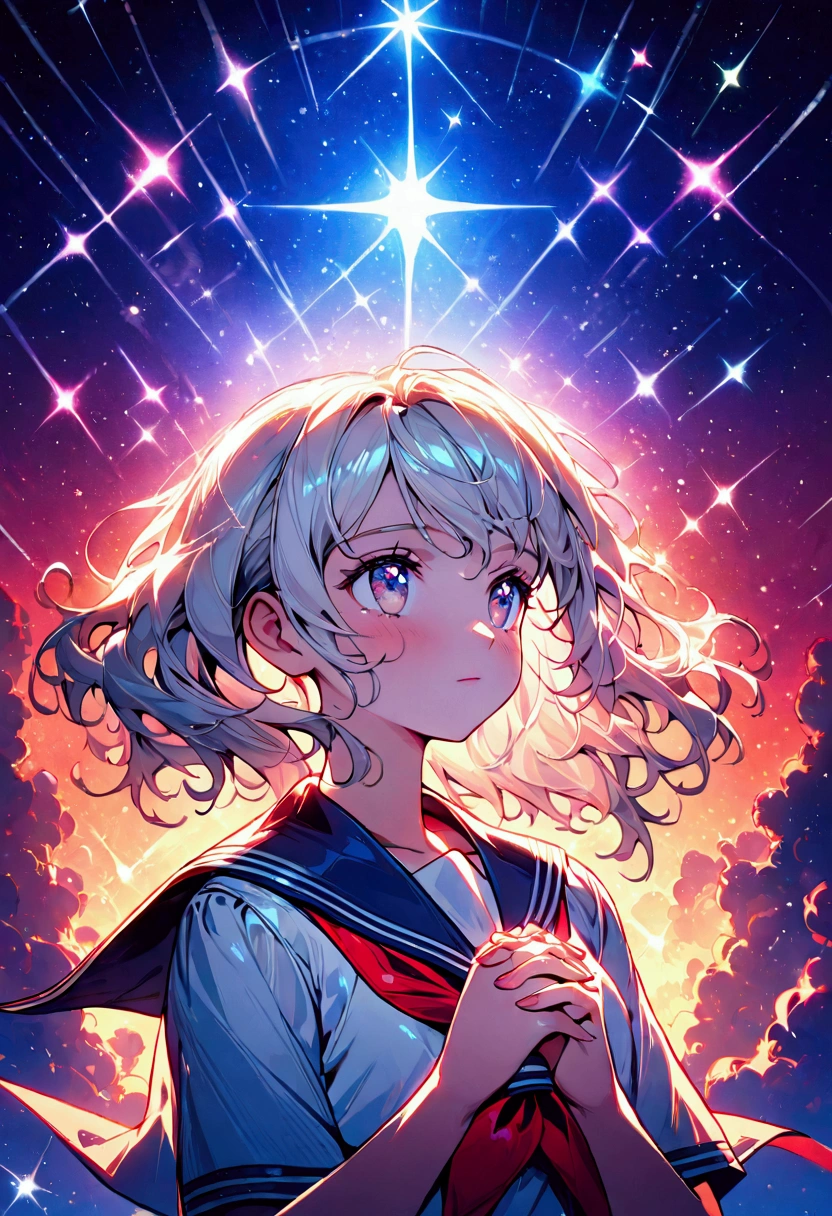 A beautiful detailed portrait of a young girl with long silver hair, looking up at the sky with a serene expression, wearing a sailor uniform with a red tie, hands clasped in prayer, surrounded by a vast galaxy with shooting stars, during the magic hour or twilight, with hyper-detailed and intricate digital art style, masterpiece quality, complex lighting, and no accessories.