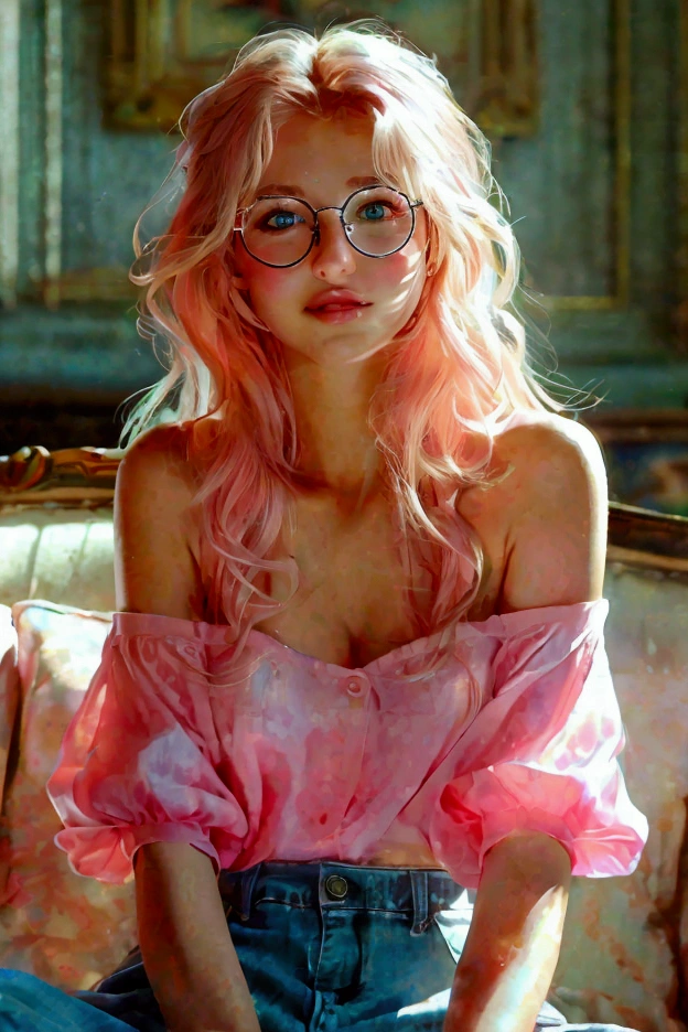 A Young and gorgeous blond female, 2, wearing pink loose shoulder-top with flowers pattern, & short pajama pant, wearing round glasses, beautiful black shoulder wavy hair, perfect round big breasts, white glowing skin, innocent face, round circle-face shape, perfect lips shape, light pink wet glowing lips, light brown eyes, eyelashes, cute & simple smile, simple nose shape, beautiful nose and lips, realx sitting pose, sitting on couch at her room, white-color room, wood furnitures behind modern couch, detailed furniture, Masterpiece, selfie.