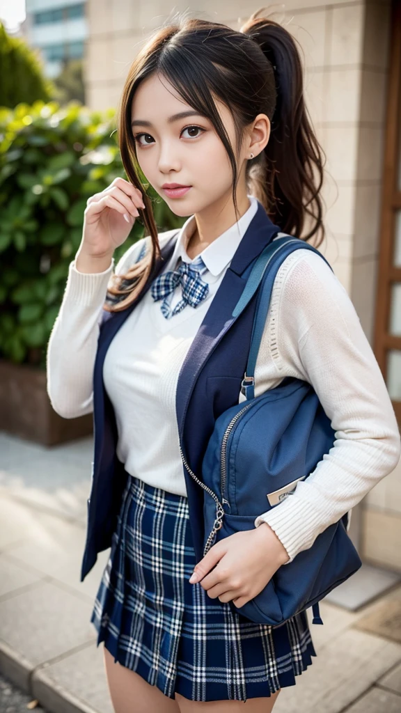 masterpiece,  ultra high resolution, 4K, Best Quality, 1 person, ((whole body)),  beautiful elaborate face,  Fine Textured Beautiful Skin ,  skin texture,  high school students, Sparkle in your eyes, Dynamic pose, Gal Makeup, Baby Face, round face, Curly Hair,  long hair,  ponytail, Navy blue sweater, uniform,  plaid skirt,  loafers, ribbon, tie,  Stylish city路樹, (blue mesh hair color ), Stylish city, evening,  rucksack 