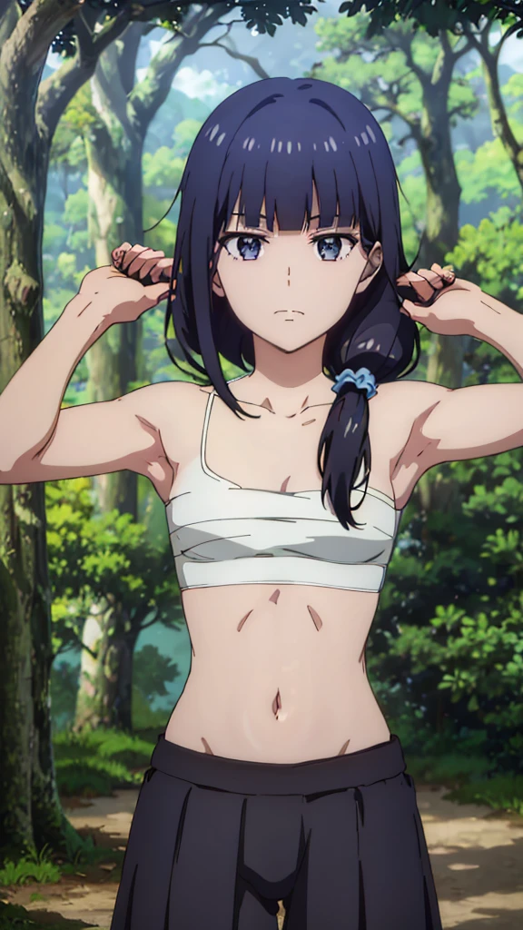 short girl, masterpiece, highres, Alone, 8k, detailed, perfect face, better quality, ( ultra high quality ), viewing , (armpit), clavicle, bare arm, small breast,  cleavage,  black hair ,  long hair ,  low ponytail, black eyes,  little students , belly, stomach, navel, ,  Sarashi chest ,  bandaged breast , ( blue too ), Lean body, upper body, impassive, flat face , in the forest,   hands up  