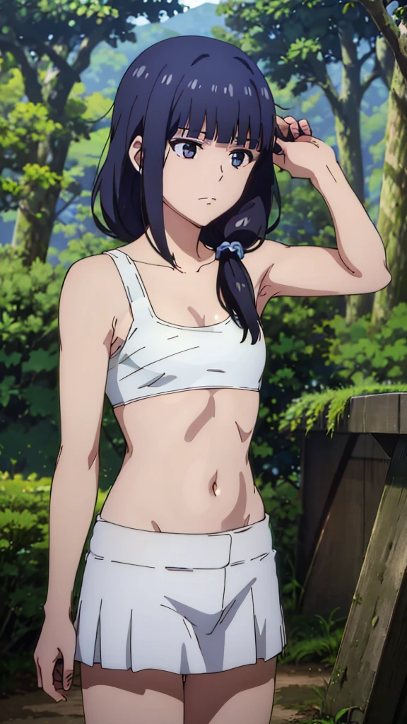 short girl, masterpiece, highres, Alone, 8k, detailed, perfect face, better quality, ( ultra high quality ), viewing , (armpit), clavicle, bare arm, small breast,  cleavage,  black hair ,  long hair ,  low ponytail, black eyes,  little students , belly, stomach, navel, ,  Sarashi chest ,  bandaged breast , ( blue too ), Lean body, upper body, impassive, flat face , in the forest,   hands up  