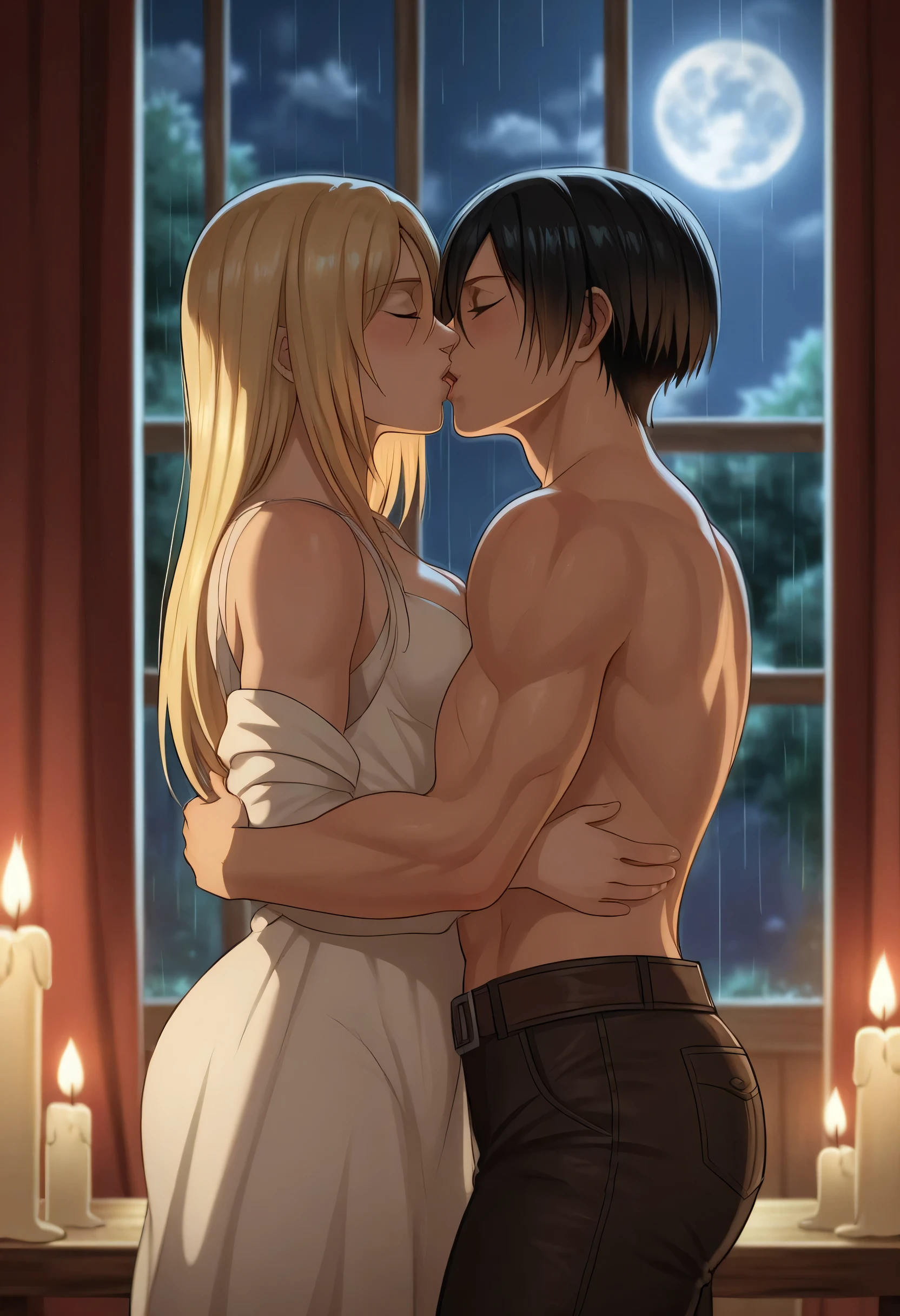 ((best quality)), ((masterpiece)), (detailed), one girl with long blond hair kiss one muscle blond guy, view from side on scene, passionate kiss, cozy atmosphere, cozy lighting, standing poses