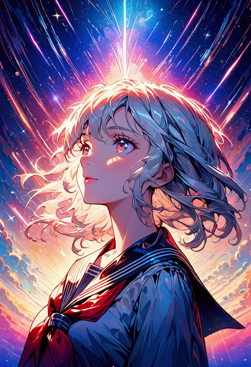 a beautiful detailed portrait of a young girl with long silver hair, looking up at the sky with a serene expression, wearing a sailor uniform with a red tie, surrounded by a vast galaxy with shooting stars, during the magic hour or twilight, hyper-detailed and intricate digital art style, masterpiece quality, complex lighting, no accessories