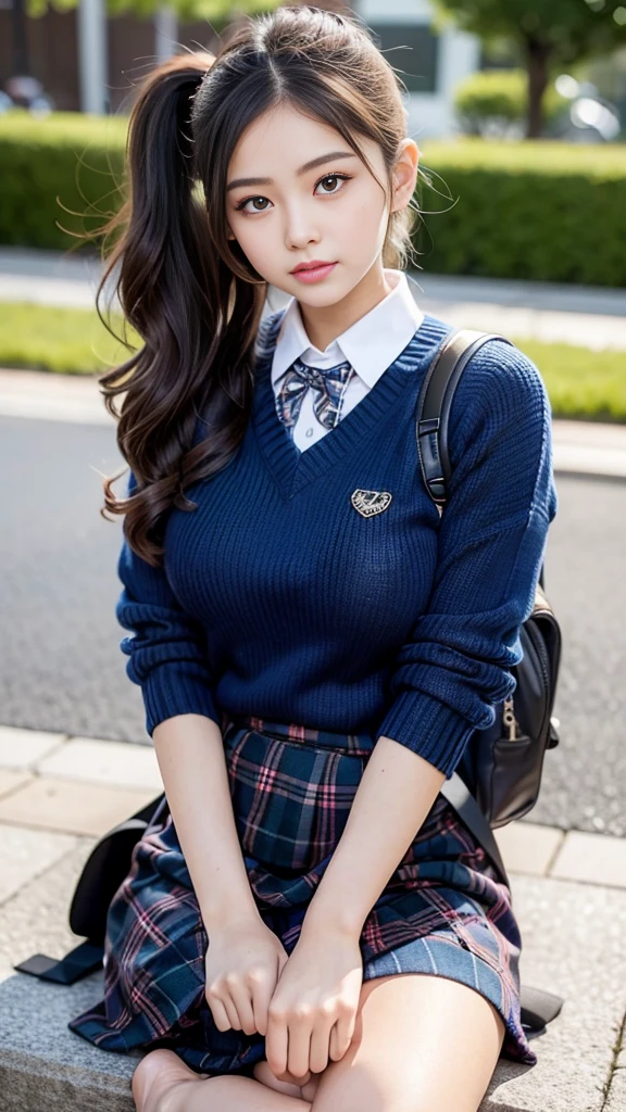 masterpiece,  ultra high resolution, 4K, Best Quality, 1 person, ((whole body)),  beautiful elaborate face,  Fine Textured Beautiful Skin ,  skin texture,  high school students, Sparkle in your eyes, Dynamic pose, Gal Makeup, Baby Face, round face, Curly Hair,  long hair,  ponytail, Navy blue sweater, uniform,  plaid skirt,  loafers, ribbon, tie,  Stylish city, (blue mesh hair color ), Stylish city, evening,  rucksack 