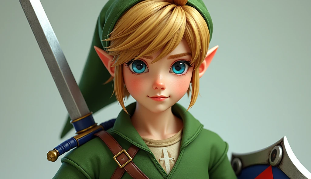 Realistic photographs, realistic, handsome boy, blonde hair, expressive blue eyes, solo, handsome, green hat, green tunic, , holding a sword and a shield, photo-realistic, 8k, masterpiece