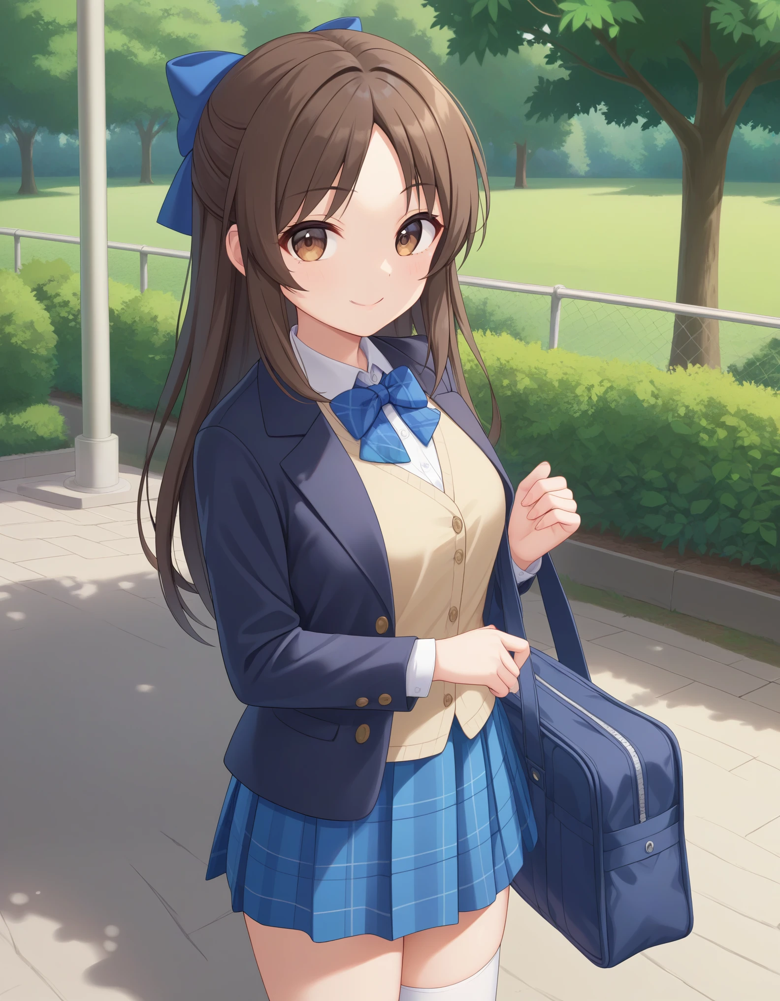 best quality,masterpiece,   4k, best quality 
1girl, solo,tachibana arisu, brown hair, brown eyes, long hair, blue hair ribbon, bang, dark brown blazer, tan color vest , white collared shirt, blue bowtie, blue plaid skirt, opened jacket, white socks,hair bow, standing,smile, cowboy shot,  looking at viewer, outdoor, park, holding school bag, blue bag
