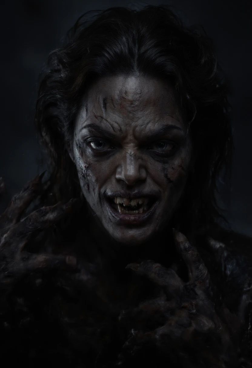 40-year-old woman unleashing his dark side, with a malevolent aura surrounding her. her entire eyes are pitch-black, with dark veins visible across his face, adding a sinister intensity. her hair is wild and disheveled, giving him a feral look, while her sharp claws and pointed teeth hint at a hidden beast within. The scene is dark and ominous, with shadows casting across his twisted expression, emphasizing his transformation into something menacing and supernatural