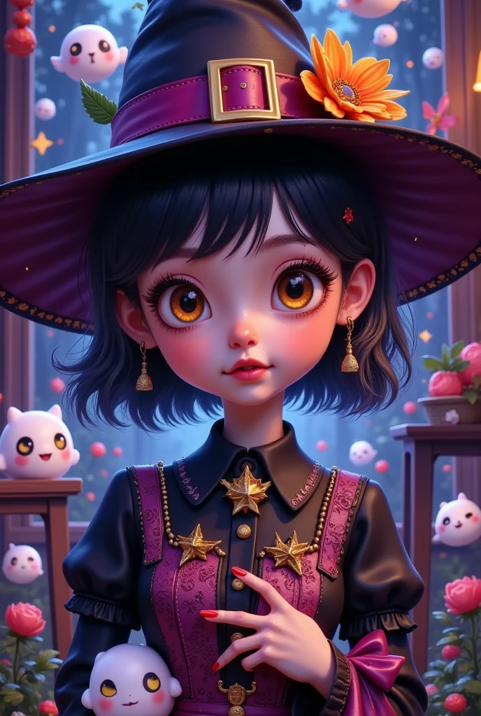  1 girl at home,  Careful eyes ,  Detailed Lips  ,    extremely detailed face  ,Long eyelashes,Detailed clothing,Halloween,Gothic,  Dark Fantasies  ,  surrealism,  colorful  ,  vibrant  ,  dim lights  ,  dramatic lighting